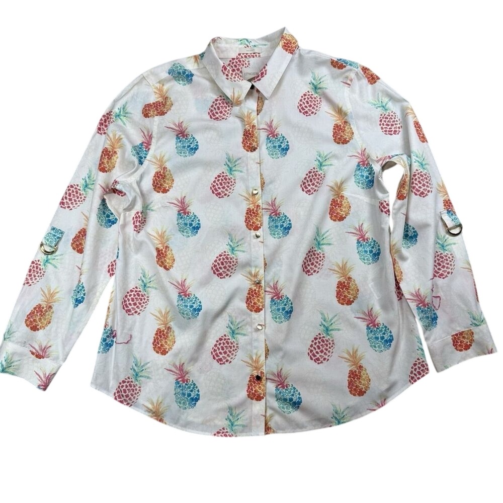 Chicos No Iron Button Up Shirt Women's 2 Cream Cotton Pineapple Roll Tab Sleeve